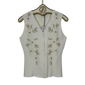 Floral Vest Women Cream Gold Button Coquette Embroidered Knit Feminine Medium